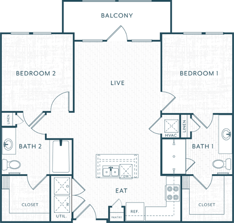 Floor plan for 2 beds, 2 baths, 983 sqft